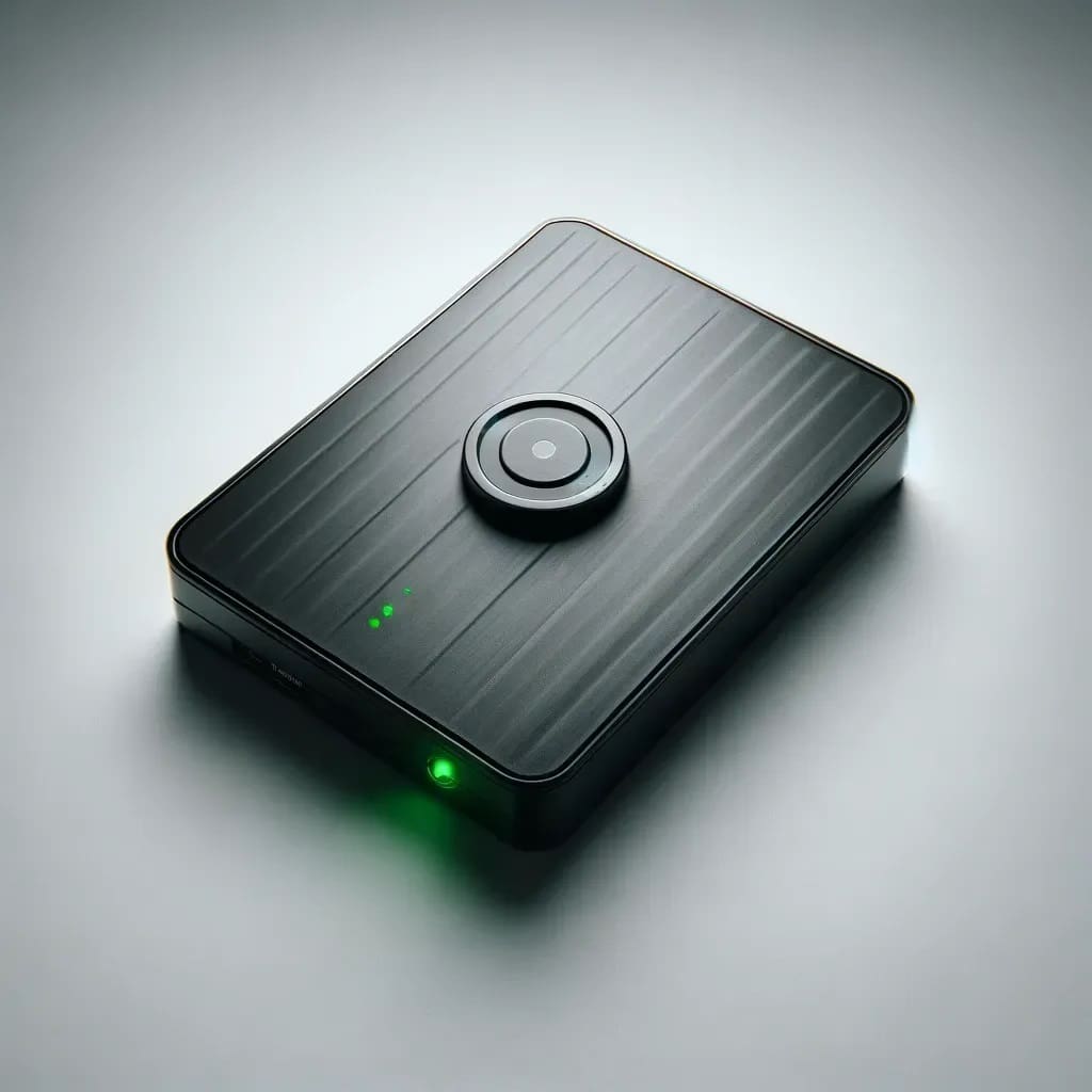 A black box with green light on top of it.