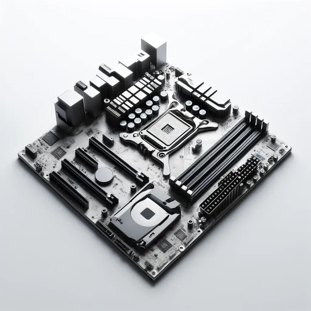 A computer motherboard with many different parts.