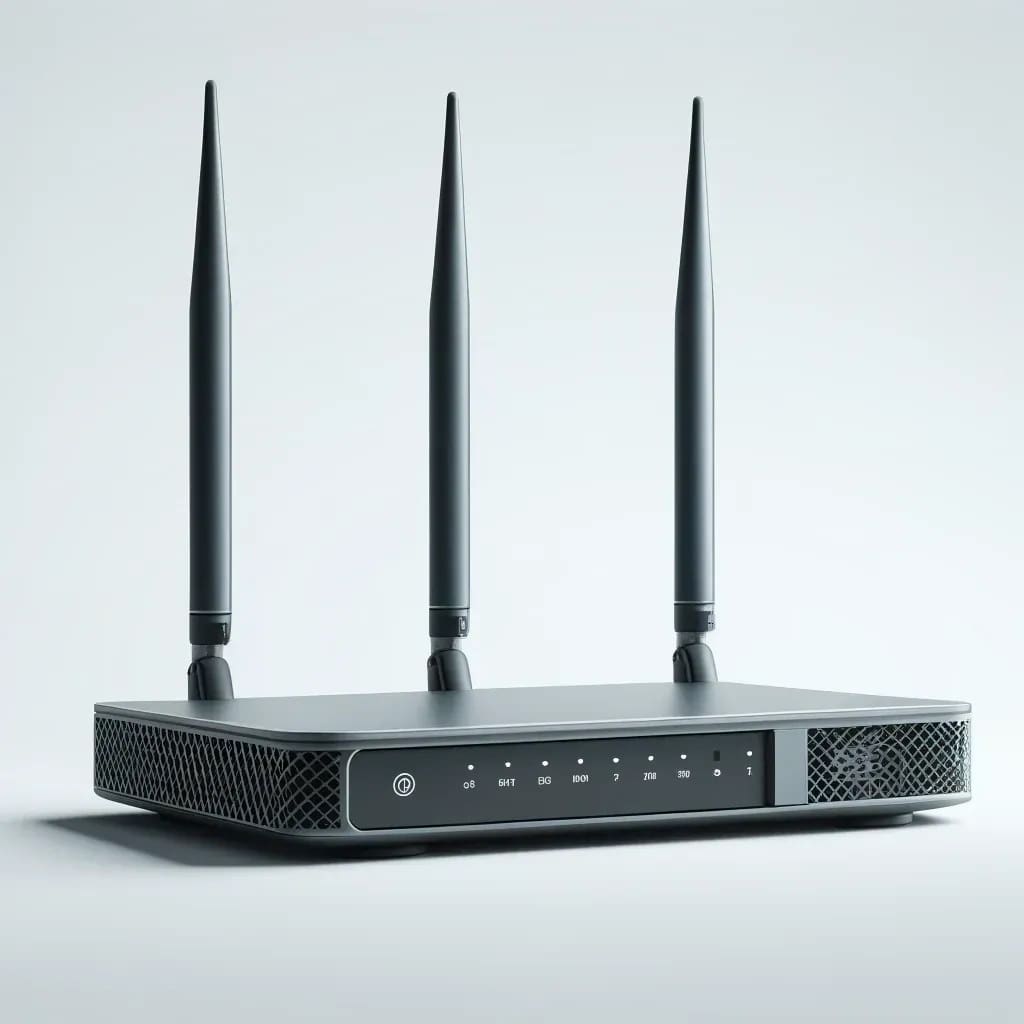 A black and silver router with four antennas.